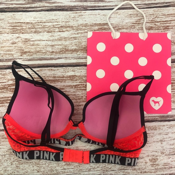 PINK Victoria’s Secret Bra Size 32C Orange Leopard Lace Wear Everywhere Push-Up - Picture 4 of 6